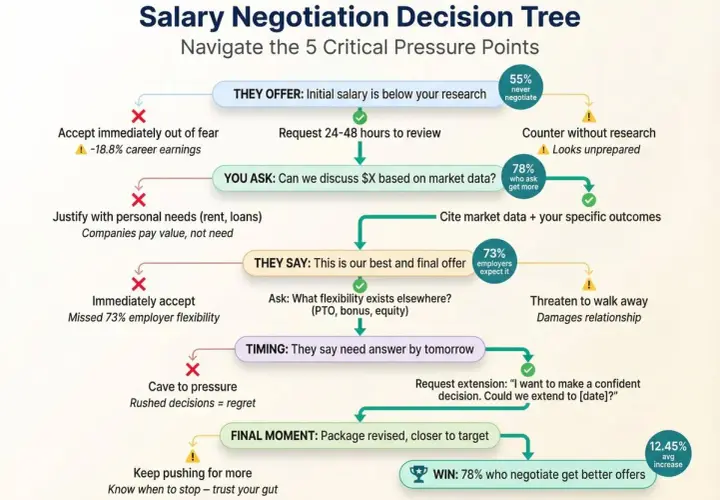Salary negotiation decision tree shows how to navigate pressure points. Avoid accepting offers out of fear; no pension is worth rushing.