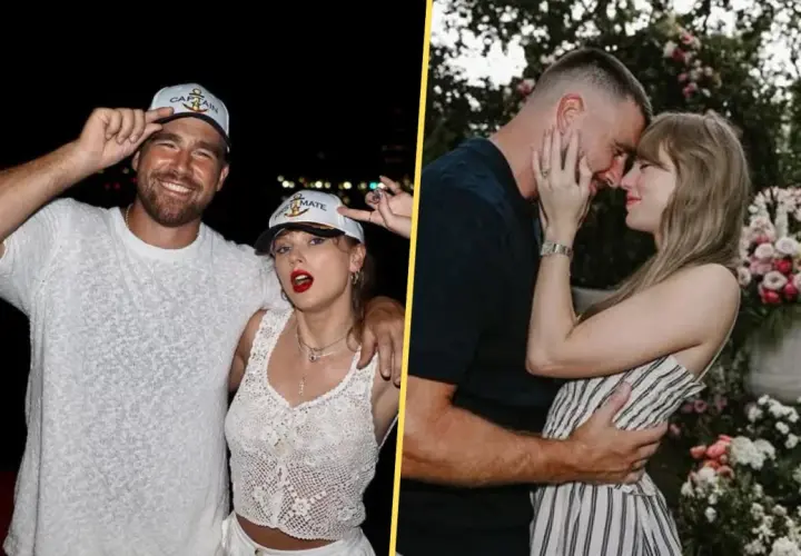 Taylor Swift i Travis Kelce w czapkach "Kapitan" i "Pierwszy Oficer". Po prawej, romantyczny moment pary wśród kwiatów.