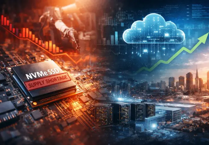 Un composant de stockage flash NVMe SSD avec "SUPPLY SHORTAGE" est superposé à une ville futuriste et un nuage symbolisant le cloud.