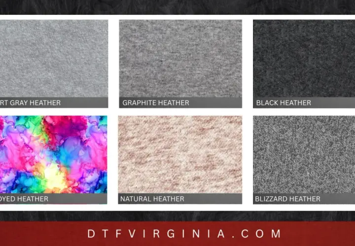 Six fabric swatches: Sport Gray, Graphite, Black, Tie Dyed, Natural, and Blizzard Heather. The heather core of these fabrics offers a unique texture.