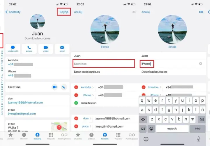 Zrzuty ekranu z iPhone'a pokazujące edycję nazwy kontaktu "Juan" na "Juan iPhone".