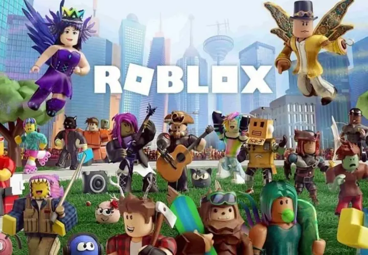 Mnóstwo postaci z fajnych gier na Roblox, w tym latająca wróżka, muzykanci i dostawca pizzy, na tle miasta.