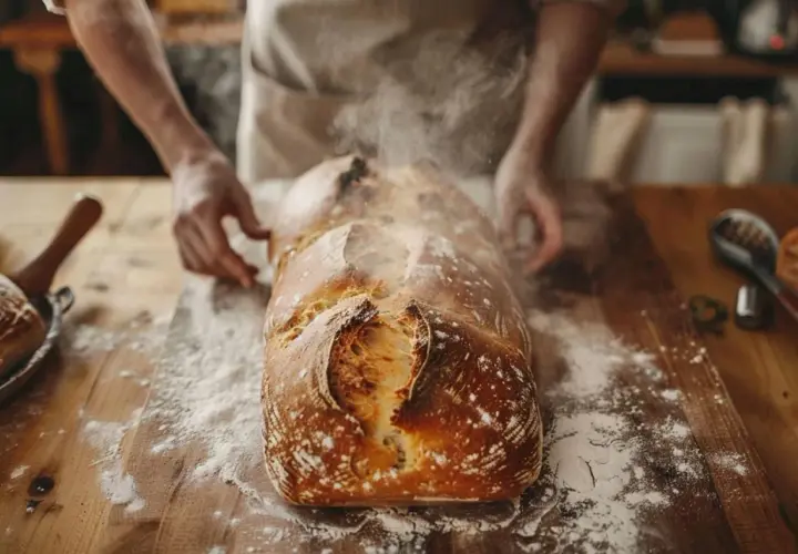 Un pain maison tout juste sorti du four, dégageant une vapeur invitante. La croûte dorée et craquelée promet une texture parfaite pour cette recette de pain maison.