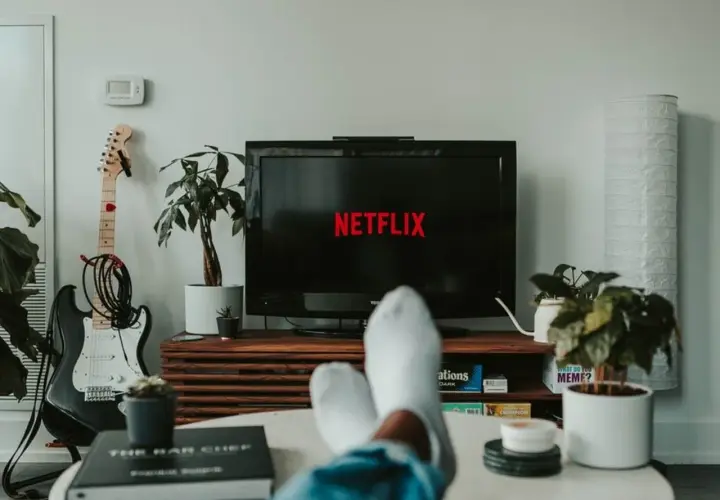 Telewizor z logo Netflix, gitara elektryczna i rośliny w salonie.