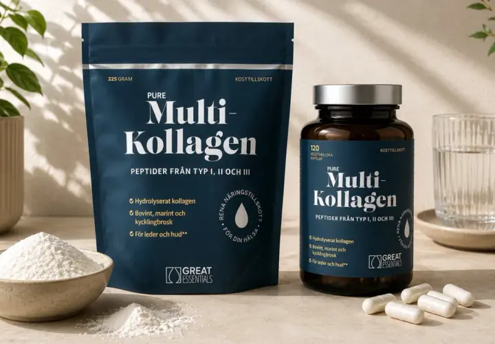 En påse och en burk med Multi-Kollagen, samt en skål med kollagenpulver. Perfekt kollagen mat för din hälsa.