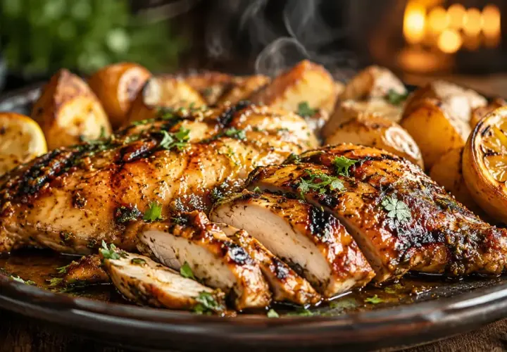Délicieux poulet grillé, coupé en tranches, baignant dans sa marinade, accompagné de pommes de terre rôties et de quartiers de citron.