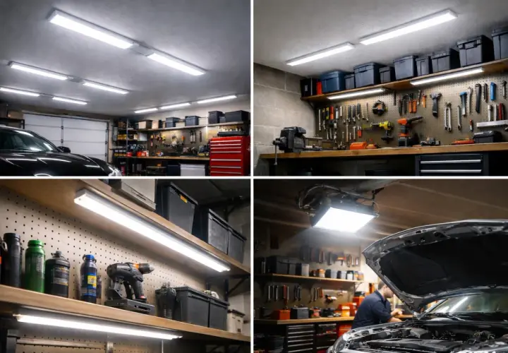 Jasne, oto opis:

Jasny garaż z wieloma lampami LED. Widać samochód, narzędzia na ścianie i półki z pojemnikami. Idealne oświetlenie, gdy zastanawiasz się, jakie lampy do garażu wybrać.