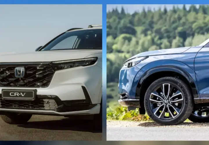 Dwa modele Honda SUV: biały CR-V i niebieski HR-V, prezentujące nowoczesny design.
