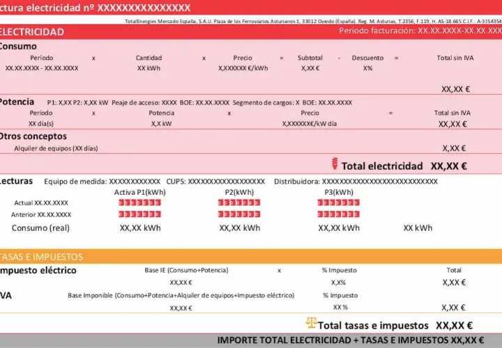 Factura de electricidad con detalles de consumo, potencia, lecturas y tasas. Ayuda a interpretar factura luz.