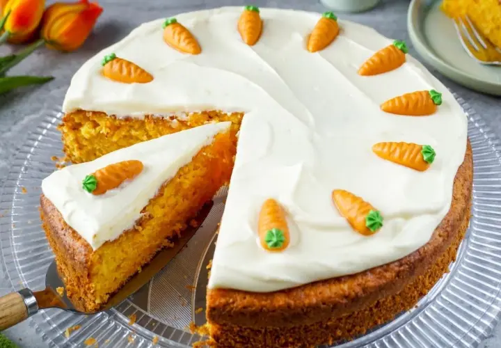 Ein saftiger Karottenkuchen mit cremiger Glasur und süßen Marzipan-Karotten. Ein Stück wurde bereits angeschnitten.