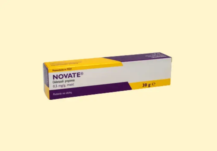 Opakowanie maści NOVATE® z propionianem klobetazolu, 0.5 mg/g, 30 g. Do stosowania na skórę.