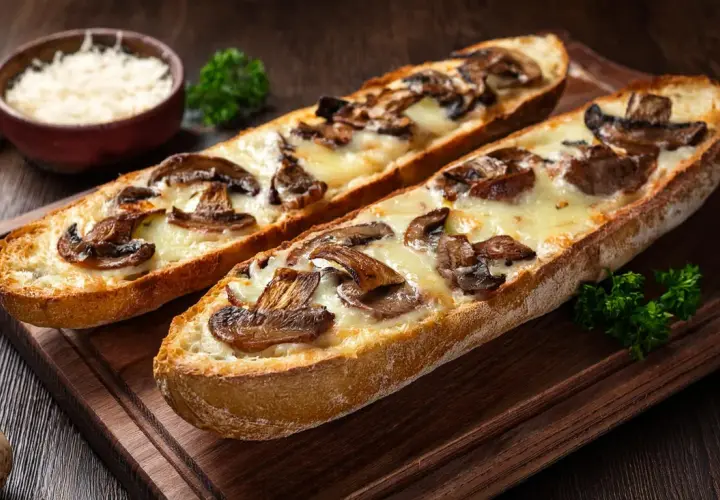 Dwie chrupiące zapiekanki z airfryer z pieczarkami i ciągnącym się serem na drewnianej desce.