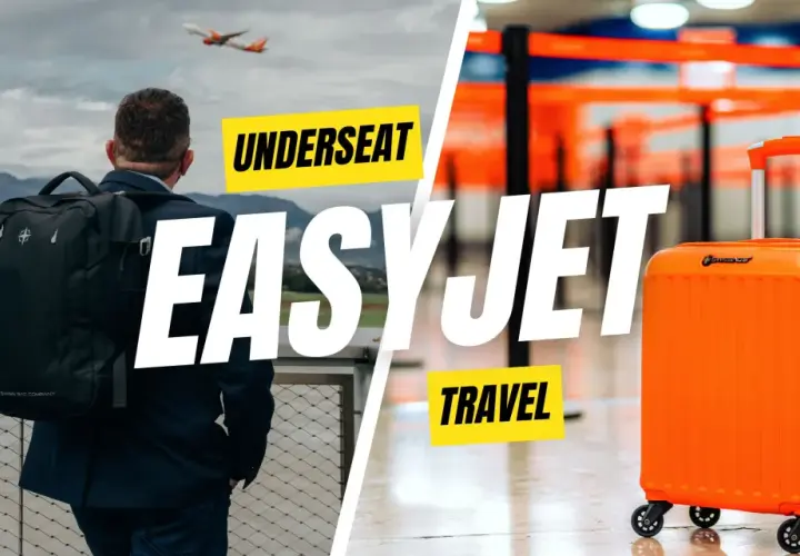 Homme avec sac à dos regardant un avion, valise orange et texte "EASYJET TRAVEL".