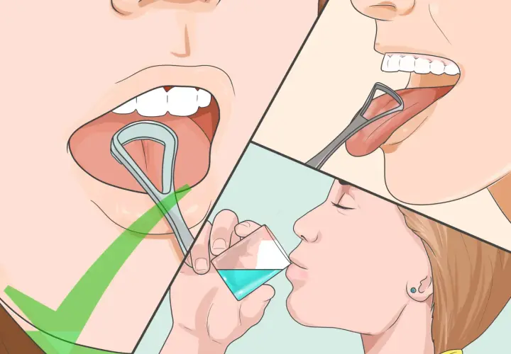 Immagine mostra come pulire la lingua con un puliscilingua e poi sciacquare la bocca.
