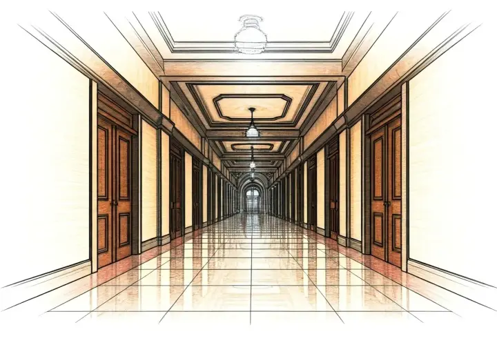 Długi, elegancki **corridor po polsku** z rzędem drzwi po obu stronach i błyszczącą podłogą.