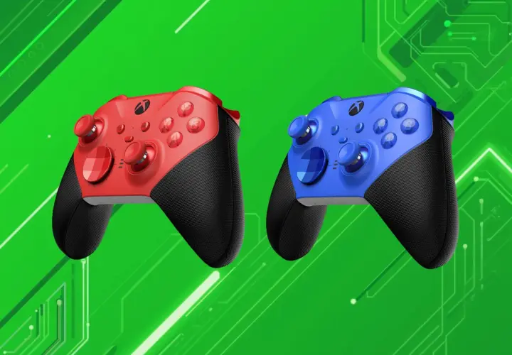 Dwa kontrolery Xbox Elite Series 3, czerwony i niebieski, na zielonym tle z elementami obwodów.