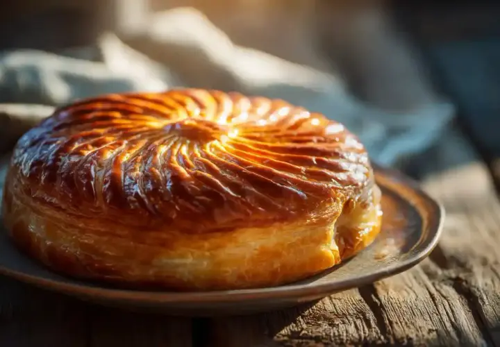 Un délicieux pithiviers gateau doré, aux feuilletages brillants, prêt à être dégusté sur une table en bois rustique.