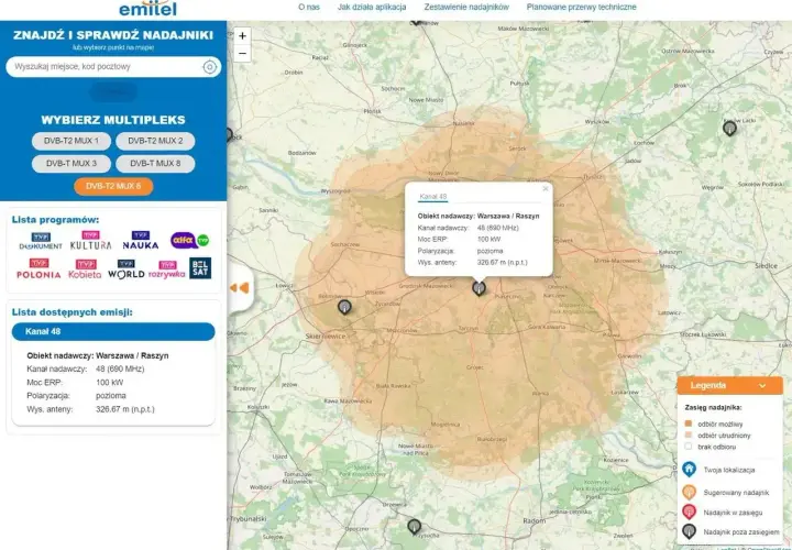 Jak odbierać telewizję naziemną? Mapa pokazuje zasięg nadajnika Warszawa/Raszyn, kanał 48 (690 MHz), moc 100 kW.