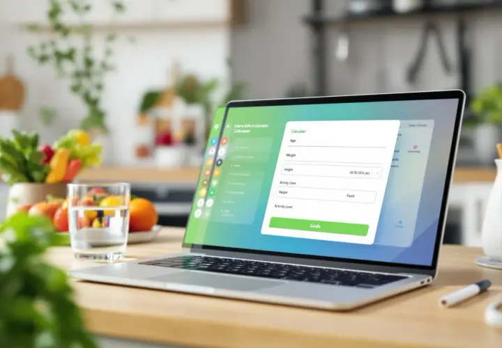Laptop z kalkulatorem deficytu kalorycznego na ekranie, obok szklanka wody i warzywa. Jak obliczyć deficyt kaloryczny?