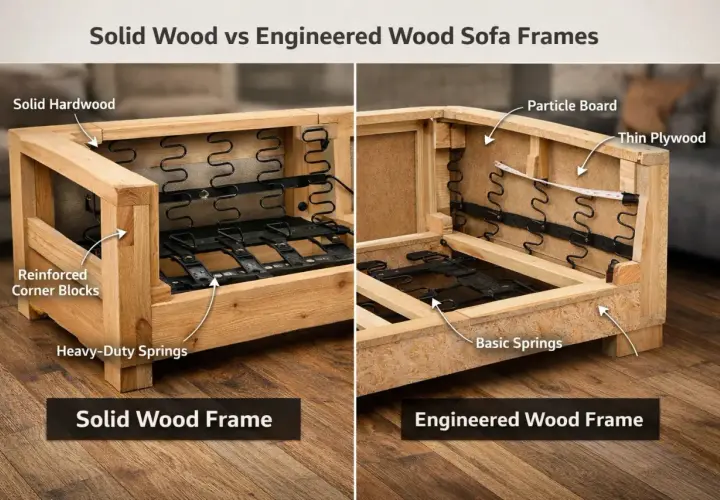 Comparing solid hardwood sofa frames with reinforced corners and heavy-duty springs to engineered wood frames made of particle board and thin plywood.