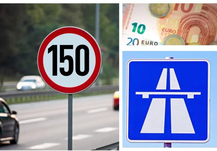 Znak ograniczenia prędkości 150 km/h na autostradzie w Czechach, obok symbol autostrady i banknoty euro.