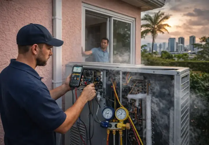 Técnico revisa unidad de aire acondicionado con humo y hielo, indicando sobrecalentamiento del compresor.