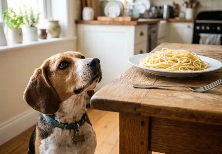 A beagle looks longingly at a plate of spaghetti, wondering if dogs can eat pasta.