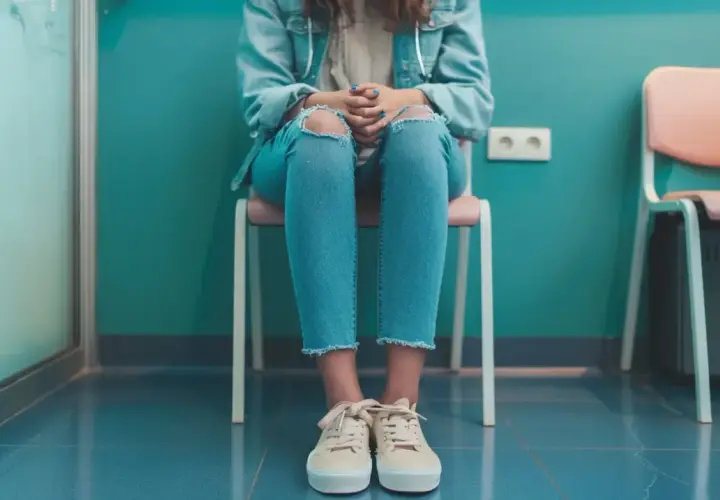 Dziewczyna w podartych dżinsach siedzi na krześle, czekając na wizytę. Jej dłonie splecione na kolanach mogą sugerować niepokój lub pochwicę.