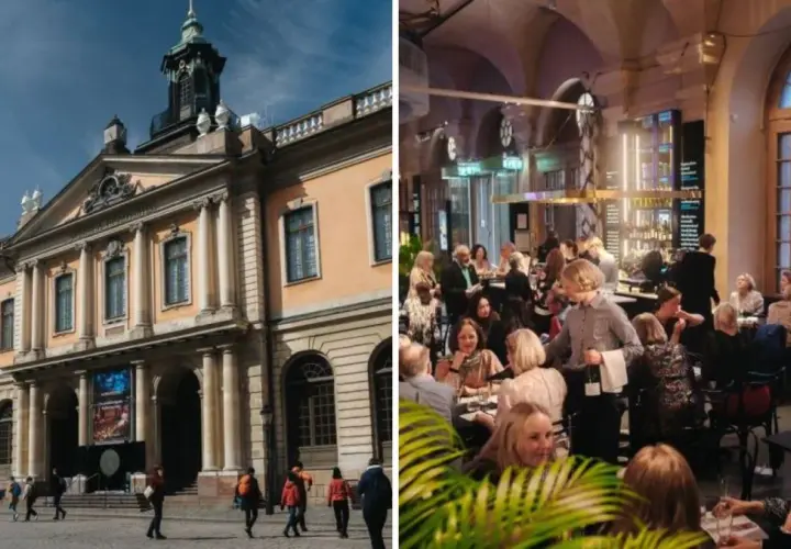 Nobelpriset museum i Stockholm med folk som minglar inomhus.