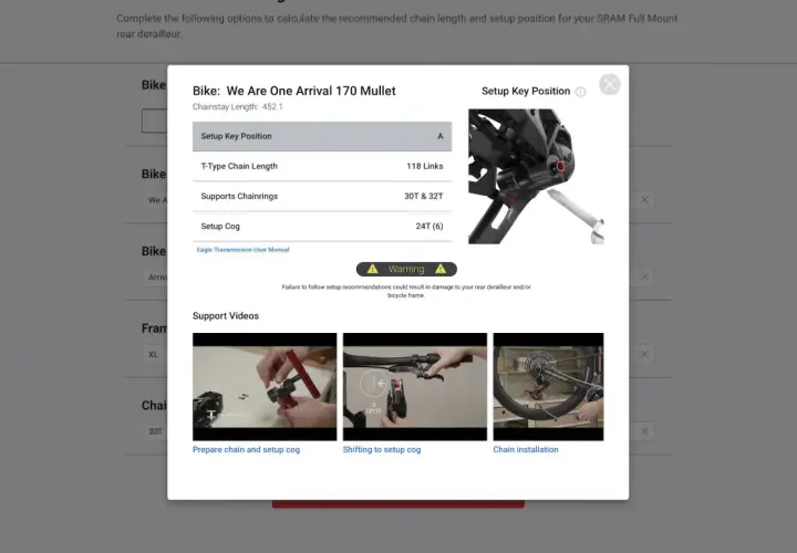 SRAM AXS setup guide for a mullet bike, showing chain length and setup cog details. Includes a warning and support videos.