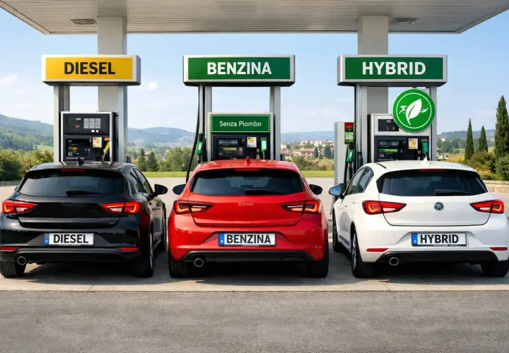 Tre auto (nera, rossa, bianca) a una stazione di servizio. La rossa ha la scritta "BENZINA" sul retro.