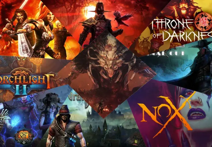 Kolaż z grafikami z gier typu hack and slash: Torchlight II, Path of Exile, Throne of Darkness, Nox i inne.