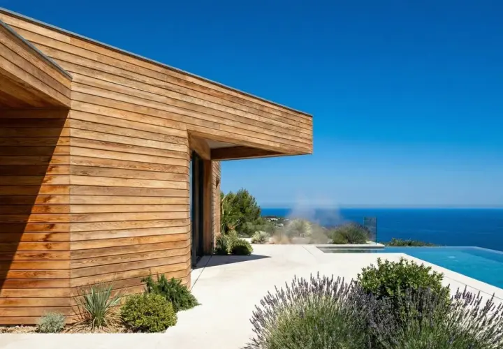 Maison moderne avec bardage bois, piscine à débordement et vue mer. Le choix du bois pour ossature bois est crucial pour ce style.