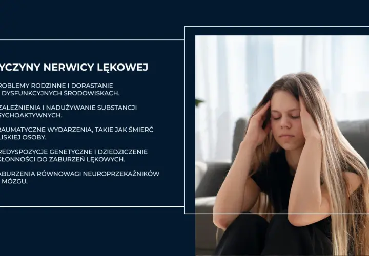 Młoda kobieta z zamkniętymi oczami trzymająca się za skronie, symbolizująca niepokój.