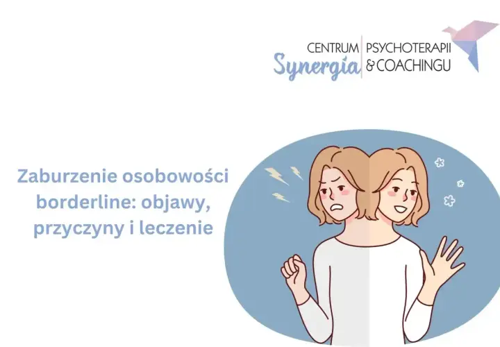 Ilustracja przedstawia osobę z dwoma twarzami, symbolizującą zaburzenia osobowości typu borderline. Jedna twarz wyraża smutek, druga radość.