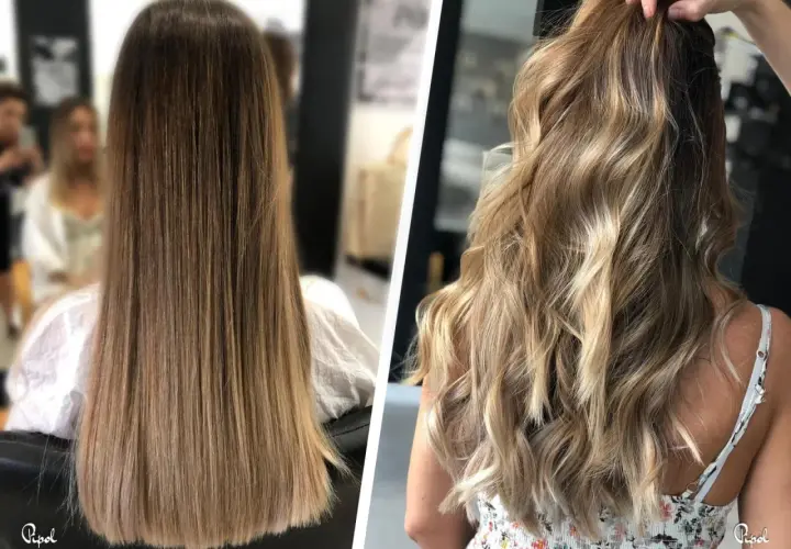 Cabello castaño liso transformado con mechas babylight rubias y ondas playeras, un cambio radiante.