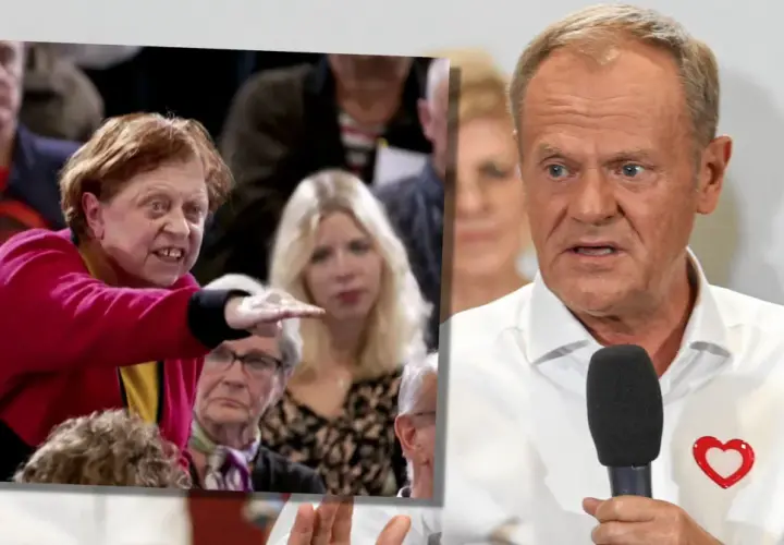 Kobieta w czerwonej bluzce gestykuluje, przemawiając do tłumu. Obok Donald Tusk w białej koszuli z sercem, gotów do odpowiedzi.
