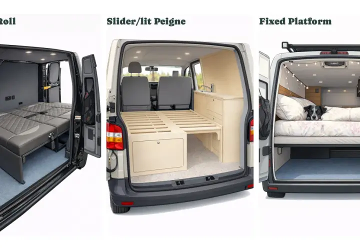 Trois aménagements de fourgons : lit escamotable, lit sur plateforme fixe avec chien, et lit modulable. Des marques de fourgon aménagé pour tous les styles de voyage.