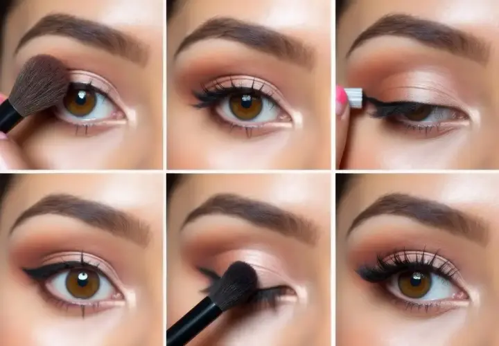 Étapes pour un maquillage des cils parfait : ombre à paupières, eye-liner, et application de faux cils pour un regard intense.