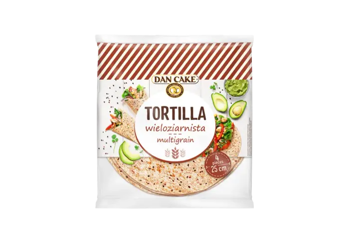 Opakowanie tortilli wieloziarnistej Dan Cake. Czy tortilla wieloziarnista jest zdrowa? Tak, to świetna baza do zdrowych wrapów z awokado i warzywami.