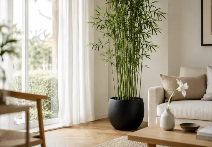 Dracaena sanderiana, znana jako "bambus szczęścia", rośnie w czarnej donicy obok okna z białymi zasłonami.