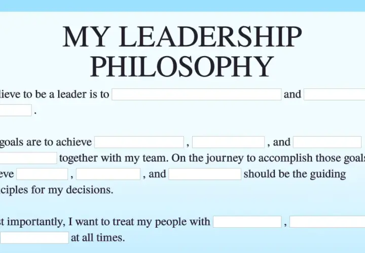Worksheet titled "My Leadership Philosophy" with fill-in-the-blanks for defining leadership beliefs, goals, and principles.