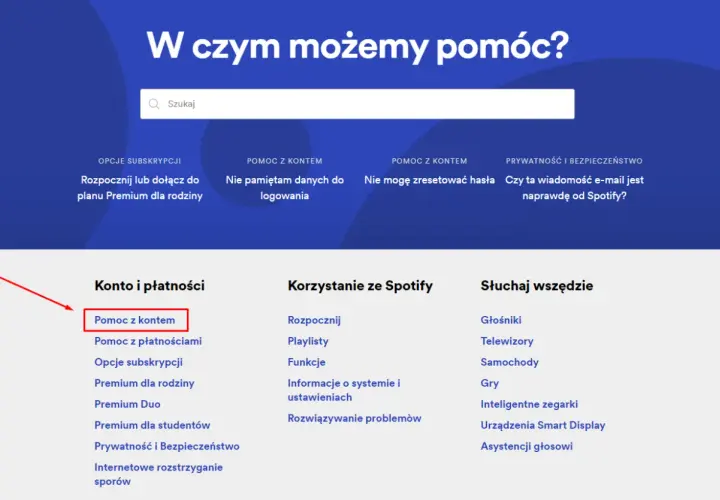 Szukasz informacji, jak usunąć konto na Spotify? Kliknij "Pomoc z kontem", aby znaleźć odpowiedzi.