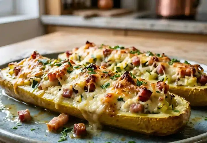 Courgettes farcies au fromage et lardons, une recette avec ricotta courgette qui fond en bouche.