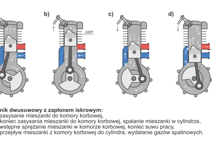 Schemat budowy silnika benzynowego dwusuwowego: zasysanie, sprężanie, spalanie i przepływ mieszanki.
