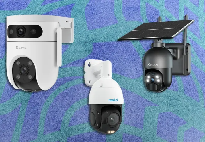 Trois caméras de surveillance modernes, une blanche EZVIZ, une noire Xega avec panneau solaire, et une Reolink, prêtes pour une installation sécurisée.
