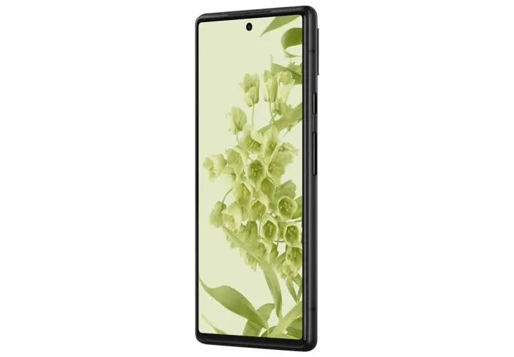 Smartfon Pixel 6 w czarnej obudowie, z tapetą w kwiaty. Poznaj jego wymiary.