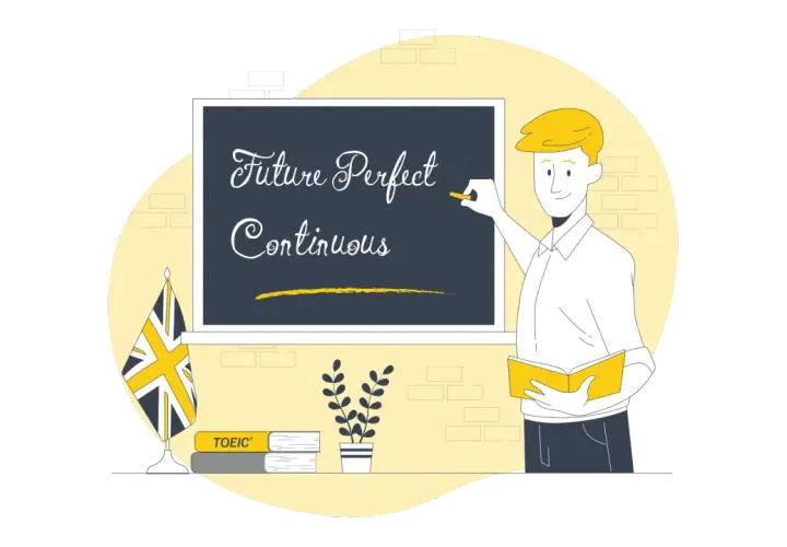 Un insegnante scrive "Future Perfect Continuous" alla lavagna, pronto a spiegare questo tempo verbale.