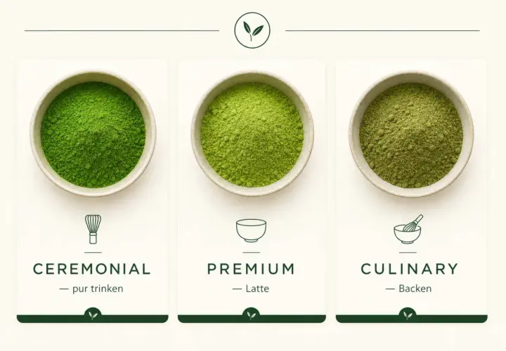 Drei Schalen mit verschiedenen matcha sorten: Ceremonial, Premium und Culinary.