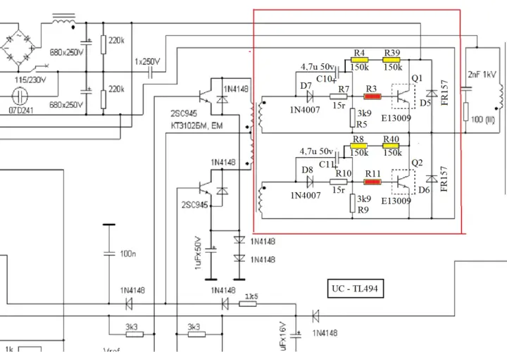 Schemat zasilacza LED z układem UC-TL494, tranzystorami E13009 i elementami sterującymi.